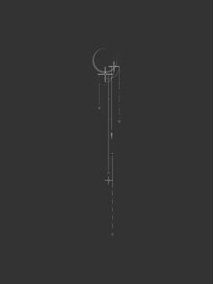 a black and white drawing of a wind chime with the moon in the background