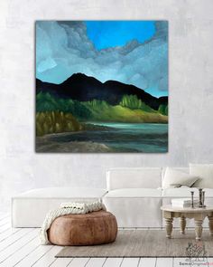 Silhouette Mountain Canvas Prints with Lake Coast Landscape, Lake Painting, Square Painting, Black Mountain, Buy Local, Black Shadow, Abstract Paintings, Tree Painting, Pacific Northwest