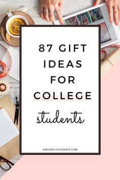 the text reads, 8 gift ideas for college students on a pink and white background