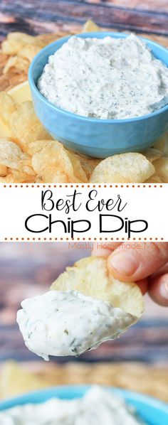 the best ever dip dip is in a blue bowl with chips