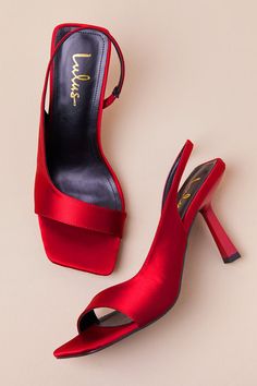 The most remarkable looks start with making sure the Lulus Romillie Deep Red Satin Slingback High Heel Sandals are a part of the ensemble! These luxe satin heels have a square footbed and a wide toe strap that carries and tapers into a trendy slingback strap (with a bit of elastic at the side for fit). A chic, sculpted heel completes the stunning design. 3. 5" sculpted heel. Lightly cushioned insole. Felted rubber sole has nonskid markings. Man made materials. Imported. Lulus | Romillie Deep Red Satin Heels, Red Satin, Deep Red, High Heel Sandals, Sandals Heels, High Heels, Satin, Sandals, Heels