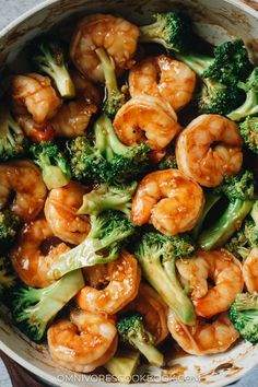 shrimp and broccoli stir fry in a skillet