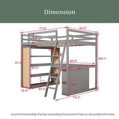 the bunk bed with ladder is measurements for it's size and width, as well as