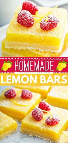 lemon bars with raspberries on top and the words homemade lemon bars above them