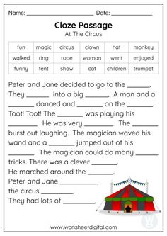 a worksheet with the words cloze passage and an image of a tent