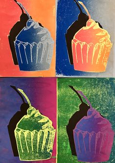 four different colored cupcakes are shown in this painting