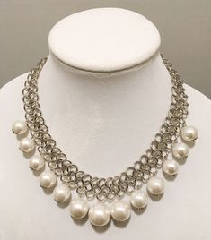 Silver chain pearls bib necklace. Necklace length 18 inches + 3 inches of extension. Thank you for visiting my shop! Metal Pearl Drop Choker Necklace, Pearl Chain Necklace In Costume Jewelry Style, Pearl Chain Costume Jewelry Necklace, Costume Jewelry Pearl Chain Necklace, Costume Pearl Necklace With Chain, Elegant Silver Pearl Bib Necklaces, Pearl Bib Necklace, Bib Necklaces, Necklace Necklace