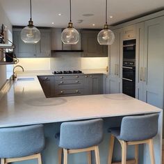 a kitchen with three stools next to an island counter top and two pendant lights hanging from the ceiling