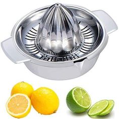 a citrus juicer with three lemons and two limes next to the fruit