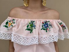 "Off shoulder vintage Mexican dress, made in the 70's. Perfect to wear it in a Mexican wedding, Mexican bridal shower, Mexican party or any occasion on summer or spring. Fits size: Small Measurements taken flat: Armpit to armpit 21 1/2\" Waist 12 1/2\" stretches to 23 1/2\" Bottom hem width 34\" Length 38 1/2\" Dress is in good vintage conditions, you can see the minimun flaws this dress has in the photos (stains), price has been reduced. FINAL SALE, no cancellations, returns or refunds." Feminine Embroidered Summer Wedding Dress, Pink Embroidered Ruffle Dress For Summer, Pink Embroidered Ruffles Dress For Summer, Pink Embroidered Dress With Ruffles For Summer, Feminine Summer Wedding Embroidered Dress, Feminine Summer Floral Print Embroidered Dress, Summer Wedding Embroidered Dress With Floral Print, Summer Wedding Embroidered Dress With Ruffles, Summer Wedding Embroidered Floral Dress