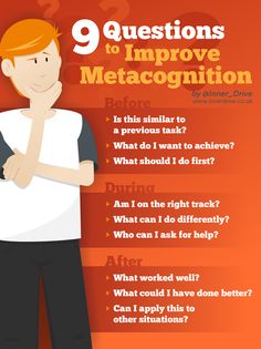 a man standing in front of an orange background with the words 9 questions to improve metacognition