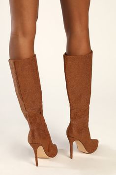 You'll be sure to reach new levels of glam when you're wearing the Lulus My Crush Brown Rhinestone Pointed-Toe Knee-High Boots! These boots are adorned with shiny brown rhinestones (atop brown woven fabric) to ensure that you shine all night long. A pointed-toe upper flows into a knee-high shaft, with an 8"" zipper at the instep and a 15"" circumference. To make these shoes even more eye-catching, a sexy stiletto heel completes the look! 4" wrapped stiletto heel. Lightly cushioned insole. Felted Rhinestone Heels For Formal Fall Events, Formal Fall Heels With Rhinestones, Formal Rhinestone Heels For Fall, Glamorous Rhinestone Heels For Fall, Rhinestone Fringe Boots For Night Out With Round Toe, Fall Rhinestone Fringe Boots For Night Out, Glamorous Synthetic Boots With Round Toe, Fall Night Out Boots With Rhinestone Fringe, Embellished Heels For Night Out In Fall