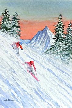 two people skiing down a snow covered slope with pine trees in the background at sunset