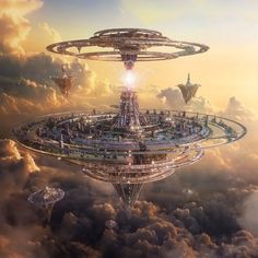 a futuristic city surrounded by clouds in the sky