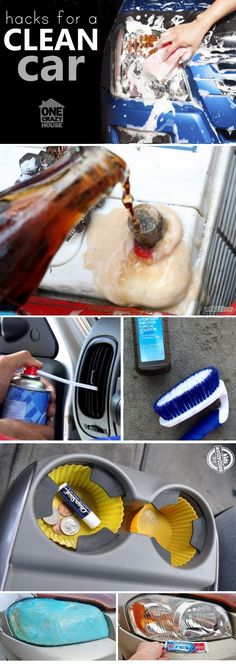 there are pictures of cleaning cars with soap and toothbrushes on the car's dash