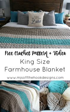 the king size farmhouse blanket is crocheted with yarn