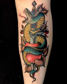 The Snake and the sword Tattoo. This tattoo is definitely symbolizing defense and protection. Japanese Snake Tattoo, Apple Tattoo, Tattoo Snake, Forearm Tattoo Design, Dagger Tattoo, Tattoo Designs And Meanings