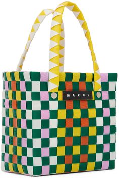 Woven plastic basket tote in yellow, green, pink, and orange. · Fixed carry handles · Leather logo patch at face · Unlined · H6 x W5.75 x D3.5 Supplier color: Multicolor Fun Multicolor Plastic Bags, Multicolor Basket Bag For Spring, Multicolor Plastic Bag For Everyday Use, Playful Multicolor Bags For Shopping, Multicolor Plastic Bags For Everyday Use, Playful Multicolor Shopping Bags, Plastic Basket, Plastic Baskets, Basket Tote