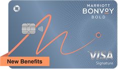 a blue visa card with the words new benefits written on it and an orange arrow