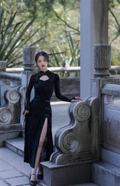 New Design Spring Vintage China Sexy Elastic Velvet Black Cheongsam Topskirt, Long Sleeves Qipao Gown Suit, Tea Ceremony Classical Shanghai - Etsy Qipao Gown, Tea Ceremony Wedding, Black Cheongsam, Side Leggings, Edgy Streetwear, Gown Suit, Wedding Dresses Blush, Cheongsam Dress, Woman Fashion