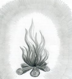 a pencil drawing of a fire with flames coming out of the top and two hot dogs on