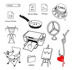 various objects are drawn in black and white