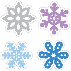 four snowflakes are shown in different colors and shapes, one is purple, the other is blue