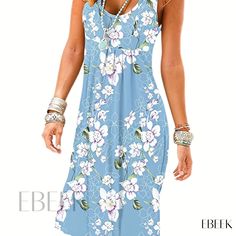 Ebeek - Chic Floral Sleeveless Dress for Women - Versatile Crew Neck Tank Dress with Elegant Floral Print Sleeveless Light Blue Floral Print Midi Dress, Sleeveless Light Blue Midi Dress With Floral Print, Casual Printed Sleeveless Midi Dress, Casual Sleeveless Printed Midi Dress, Casual Light Blue Sleeveless Sundress, Light Blue Sleeveless Casual Sundress, Blue Floral Print Sleeveless Dress For Summer, Light Blue Sleeveless Floral Print Dress, Summer Blue Floral Print Sleeveless Dress