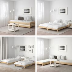 four different shots of a bedroom with white walls and wood furniture, including a bed