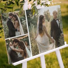 three pictures of a bride and groom hanging on a white easer in the grass