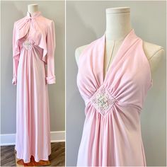 Fabulous vintage 1970s pink dress and jacket set!! So many gorgeous thoughtful details including a gathered diamond waist, beaded flower appliqué, frilled jacket, and tied bow. Jacket also has hook and eye at top. Wonderful condition besides maybe needing to be steamed (I was excited to post this).  Measures 13.5"-16" across the waist and 16"-20.5" across the bust, stretched to unstretched, measured flat, doubled for full. Can fit sizes S-M. P.S. I have another super similar vintage dress set on my profile!! ☆ Disclaimer ☆ Vintage items are preloved and may exhibit signs of wear and tear consistent with their age and history. We do our best to examine and describe any flaws or issues noted in the garment. If you have any questions or require additional information about a particular item, Bow Jacket, 70s Fashion Women, Dress And Jacket Set, Dress And Jacket, 1970s Fashion, Floral Applique, Dress Set, 70s Fashion, Vintage Dress