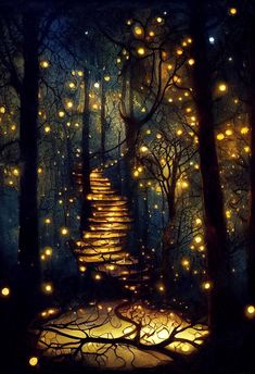 a stairway in the middle of a forest filled with lights