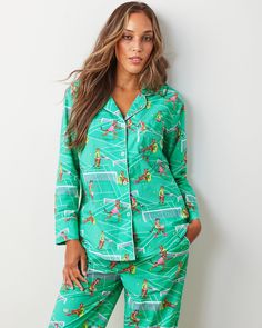 Courtside Cats - Long PJ Set - Tennis Teal - Printfresh Tender Love, Cotton Sleepwear, Matching Family Pajamas, Family Pajamas, Pajama Sets, Pj Sets, Cotton Poplin, Heat Press, Workout Tops