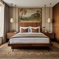 a bedroom with a large painting on the wall above the bed and two lamps next to it