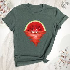 Watermelon Sunset T-Shirt, Tropical Sunset Fruit Summer Tee, Cool Watermelon Shirt, Funny Watermelon Gift Shirts, Fruit Watermelon T-Shirt. The Watermelon Sunset T-Shirt is perfect for summer vibes. Featuring a "Tropical Sunset Fruit Summer Tee" design, it combines the beauty of sunsets with a fun watermelon theme. This "Cool Watermelon Shirt" makes a playful statement, while "Funny Watermelon Gift Shirts" are ideal for gifting. Embrace the fruity fun with this "Fruit Watermelon T-Shirt." Hello, Green Summer Shirt With Funny Print, Red Fruit Print Tops For Summer, Summer Green Tops With Funny Print, Summer Red Top With Funny Print, Red Fruit Print Graphic Tee, Red Summer Top With Funny Print, Summer Fruit Design Crew Neck T-shirt, Red Graphic Tee With Fruit Print, Red Funny Print T-shirt For Summer