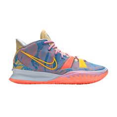 Find NIKE Kyrie 7 Preheat 'expressions on Editorialist. The Nike Kyrie 7 Preheat ‘Expressions,’ one of four launch colorways of Kyrie Irving’s seventh signature shoe, features a colorful design inspired by the athlete’s appreciation for art and creative expression. The open mesh upper reveals a multicolor pattern resembling brushstrokes, while the tongue is finished in a neutral tan hue that mimics a black canvas. On the heel overlay, a Basquiat-like crown sits atop ‘HF’ embroidery, short for ‘Happy Family.’ Kyrie 7 Shoes, Kyrie 7, Kyrie Irving, Nike Kyrie, Volleyball Shoes, Blue Sneakers, Happy Family, Colorful Design, Black Canvas