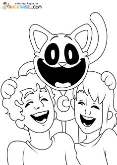 two girls and a cat are smiling for the camera with their faces drawn in black and white