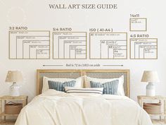 a wall art size guide is shown above a bed