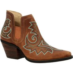 The women's Crush™ by Durango® line contains chic and sophisticated styles with beautiful prints, embellishments, and edgy overlay textures that beckon a cowgirl with just a touch of urban sass. This 6-inch Crush style in golden brown has a full-grain leather upper adorned with decorative stitching with a pop of turquoise. Fashionable and comfortable, these boots have gore side panels that stretch for foot placement. The interior of the boot is lined with a soft mesh, has a microfiber trim and f Durango Boots, Beautiful Prints, Closed Toe Shoes, Block Heel Ankle Boots, Decorative Stitching, Pointed Toe Heels, Fashion Heels, Clogs Shoes, Mid Calf Boots