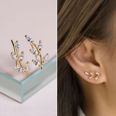 Leaf Ear Climber Earrings in Gold Vermeil or Sterling Silver MEASUREMENTS/MATERIALS - .925 Sterling Silver / 14K Gold Vermeil - Cubic Zirconia Crystals - Length 0.75 in (1.9 cm) x Width 0.4 in (1 cm) - Hypoallergenic, lead & nickel free **Sold as a earring pair* Diamond Leaf Earrings, Leaf Earrings Gold, Small Earrings Gold, Gold Ear Climbers, Ear Climber Earrings, Crawler Earrings, Ear Climbers Earrings