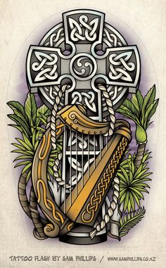 a drawing of a harp and celtic symbols