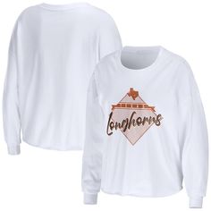 Smooth and roomy, this cropped Diamond T-shirt from WEAR by Erin Andrews highlights your love for the Texas Longhorns freshly. Soft fabric, an oversized design and dropped shoulders create optimal comfort. Authentic Texas Longhorns graphics offer a charming take on your fandom.Smooth and roomy, this cropped Diamond T-shirt from WEAR by Erin Andrews highlights your love for the Texas Longhorns freshly. Soft fabric, an oversized design and dropped shoulders create optimal comfort. Authentic Texas Longhorns graphics offer a charming take on your fandom.PRODUCT FEATURESBrand: WEAR by Erin AndrewsOfficially licensedImportedMachine wash with garment inside out, tumble dry lowMaterial: 100% CottonCrew neckLong sleeveRibbed collar and sleeve cuffsCroppedUnfinished hemDropped shouldersScreen print Erin Andrews, Texas Longhorns, Crop Tshirt, Crop Tee, Womens Clothing Tops, Women Wear, Relaxed Fit, Tops & Tees, Long Sleeve