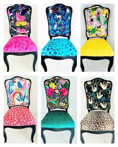 six chairs with different designs on them and one has an animal print seat cover over the back