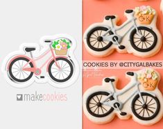 three cookies decorated like bicycles with flowers in the basket on each cookie, one has a bicycle