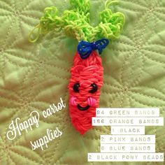 a crocheted carrot is sitting on top of a quilt with the words happy carrot supplies written below it