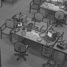 an office with desks, chairs and computer screens on them is shown in black and white