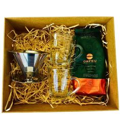 the coffee gift box includes two cups, a tea bag and an espresso