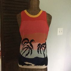 Multi Colored Striped Tropical Intarsia Knit Tank Brown Summer Crew Neck Knit Top, Knit Crew Neck Top For Beach Season, Red Knit Top For Summer, Red Knitted Casual Tops, Multicolor Cotton Knit Top For Beach, Casual Red Knit Top, Multicolor Knit Tops For Beach Season, Orange Knit Vacation Top, Orange Knit Top For Vacation