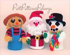 three crocheted dolls are standing next to each other with hats and scarves on