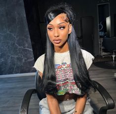 Wig Hairstyles Ideas Black Women With Bangs, Swoop Half Up Half Down Quick Weave, Baddie Hairstyles Wig, Ponytail Bangs Black Women, Bangs With Half Up Half Down, Swoop Frontal Wig, Half Up Half Down Straight Wig, Swoop Weave Hairstyles, Freaknik Hairstyles Black Women